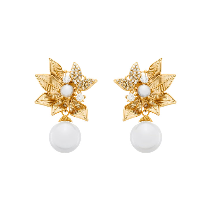 Brinco Dourado com Folhas em Zircônia e Pérolas