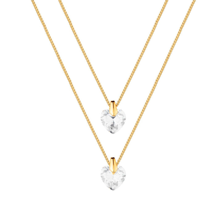 Colar Dourado Duplo de Coração em Cristal